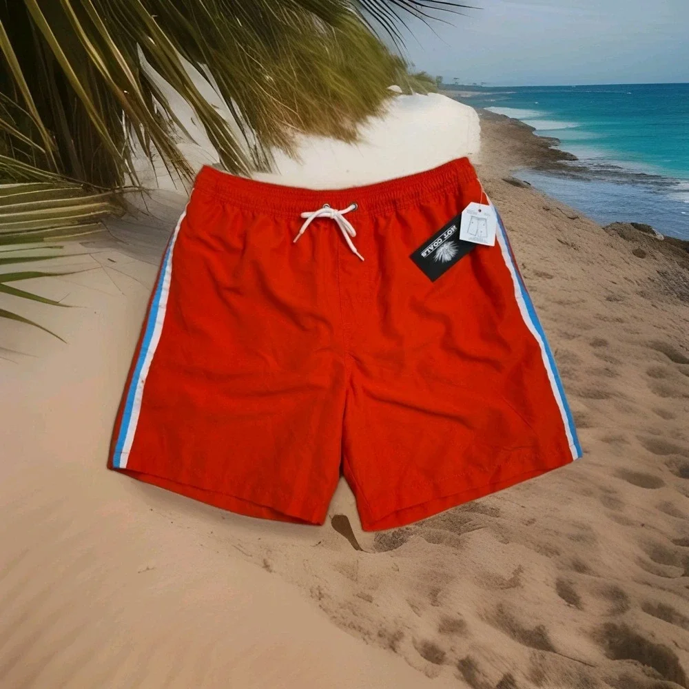 Hot Coals‎ Mens Orange Swim Trunks Quick Dry UPF 50+ Side Stripe Mesh Lining M